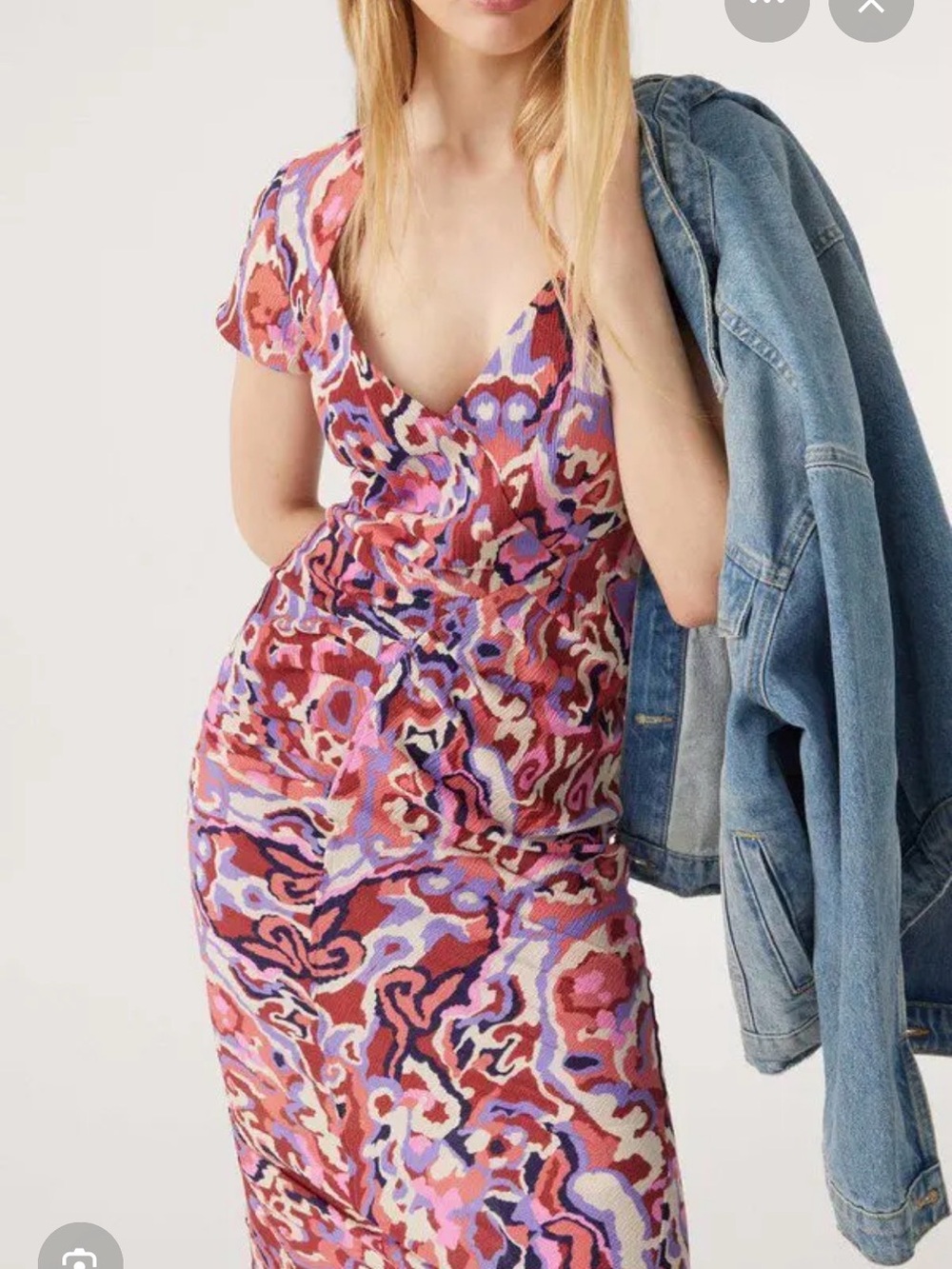 BA&SH V-Neck Abstract Print Pink Multi Midi Dress